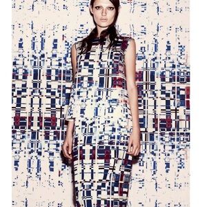 New LIDA BADAY blue white red Abstract Pixel Print Shift Dress Size 8